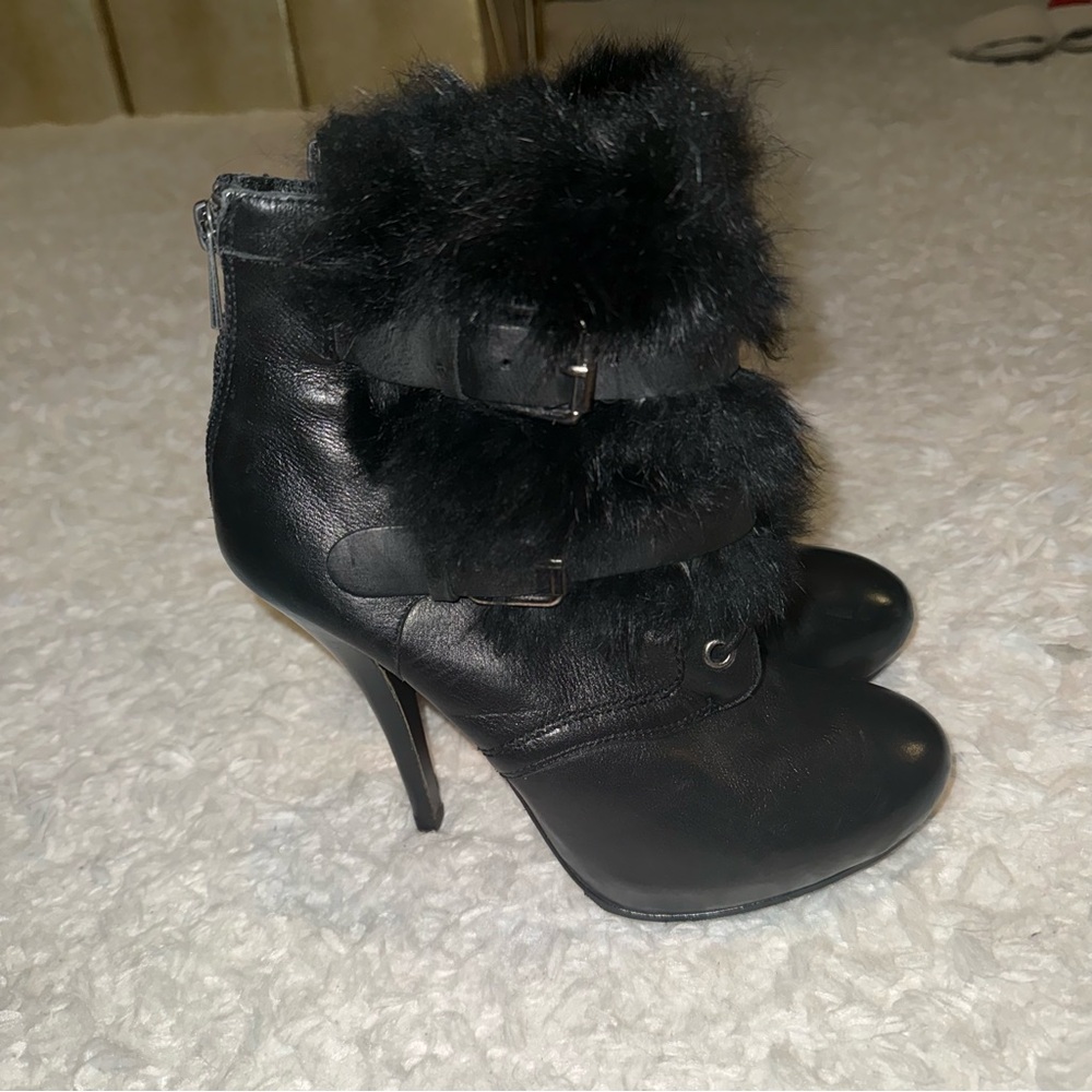 Dolce Vita Black Rabbit Fur Ankle Booties with Buckle Straps 9